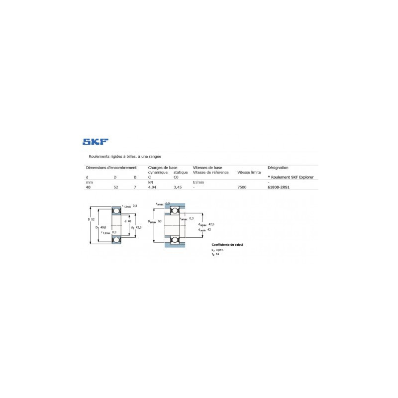 Roulement à Billes à Gorge Profonde Spf SKF 6319/C3 6319/C3, Roulement à Billes 95x200x45